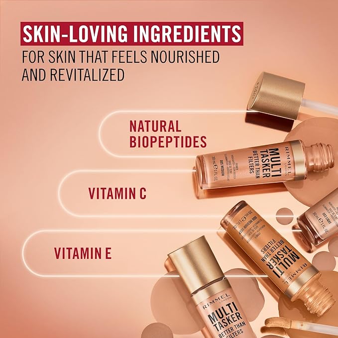 Rimmel Multi-Tasker Better Than Filters, 006 Medium Deep, Face Primer, Glow Booster and Highlighter, Vegan Formula, Anti-Ageing Benefits, Light-Reflecting Pigments, Giant Soft-Touch Wand, 1oz