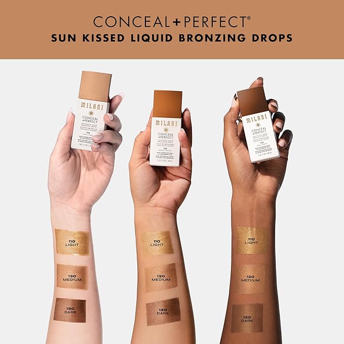 Milani Bronzer- Sun Kiss Bronzing Drops, Conceal + Perfect Liquid Bronzer for Sheer, Weightless Coverage & Hydration enriched with Peptides & Tripeptides - Light