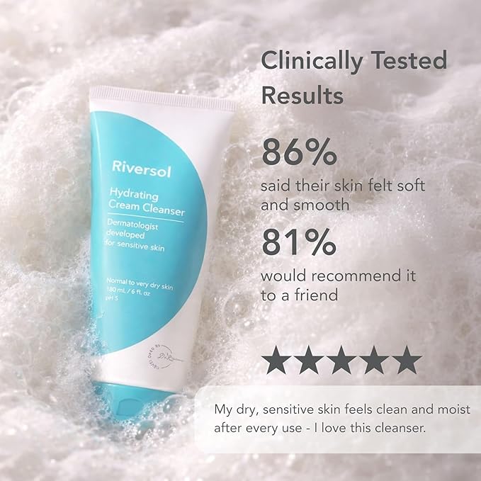 Riversol Hydrating Cream Cleanser | Travel Size | Gentle Face Wash for Dry & Sensitive Skin | Non-Foaming | Removes Makeup | Fragrance Free | Dermatologist Developed