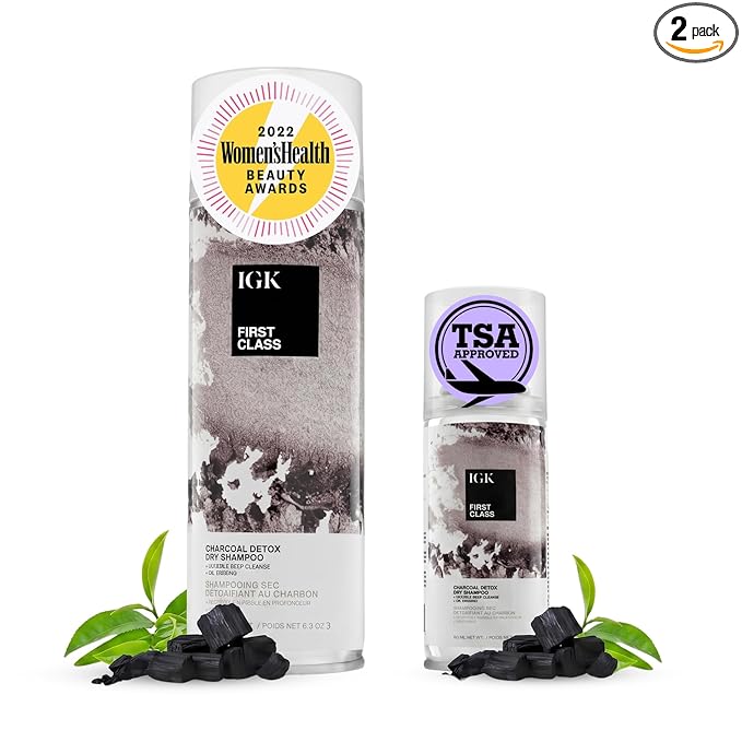 IGK First Class Charcoal Detox Dry Shampoo Bundle | Deep Cleansing For Oily Hair & Odor Absorbing | Adds Volume & Texture | For All Hair Types | 6.3 oz + 2 oz