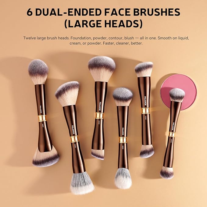 MAANGE Makeup Brush Set with Case Double-ended Make up Brushes for Foundation Contour Liquid Powder Concealer Eye Shadows Cream Blush Makeup Tools (Coffee Brown, 13 PCS)