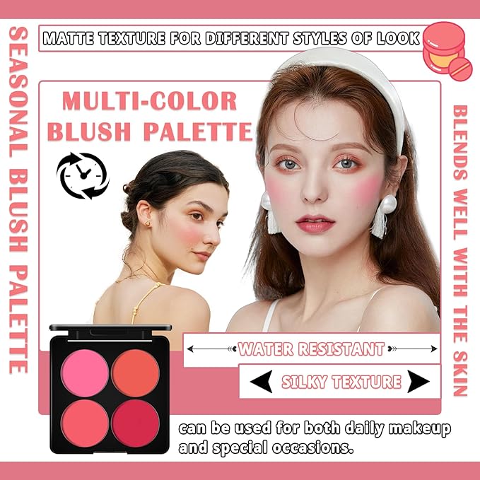 4 Colors Blush Palette for Cheeks with Make Up Brush,Face Matte Contour Blush Makeup Palette,Buildable Shimmer Facial Cheek Blusher Shades,Blendable Cosmetic Makeup Blush
