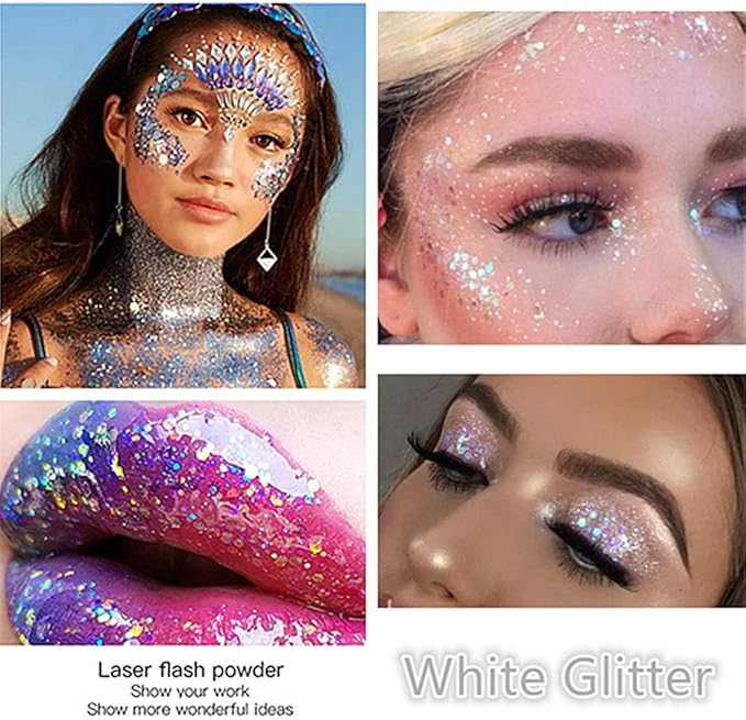Go Ho 2PCS White Face Body Glitter Gel,Singer Concerts Face Glitter Makeup,Holographic Long Lasting Chunky Sequins Glitters for Eye Lip Hair Nails,Festival Rave Accessories,06 Fairy White Glitter