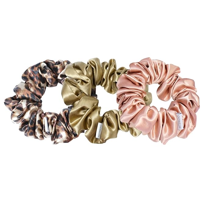 MTSNOO Silk Scrunchies, 100% Pure 22 Momme Mulberry, 3 Pack, RoseGold+GoldLeopard+Gold, Hair Ties for Curly Hair, Elastic Band, Scrunchies Set for Women Girls