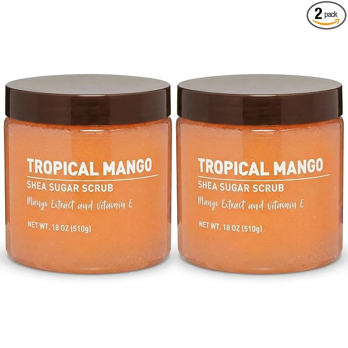 Tropical Mango Sugar Scrub – Exfoliating Body Scrub for Women, Moisturizing Shea Butter, Natural Sugar Exfoliant, Hand and Foot Scrub, Paraben-Free, All Skin Types, 18 oz (Pack of 2)