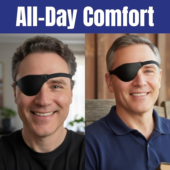 Black Leather Eye Patch with Adjustable Band and Concave Design - Comfortable Medical Eye Patch for Left or Right Eye