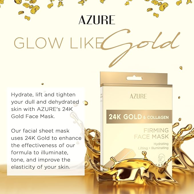 Azure Cosmetics 24K Gold Firming Face Mask- Anti Aging, Hydrating, Toning & Firming Facial Mask - Helps Reduce Wrinkles & Fine Lines with Hyaluronic Acid & Collagen - Made in Korea - Pack of 5