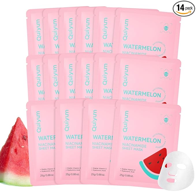 QUIYUM 14 Pack Watermelon Niacinamide Sheet Mask - Hydrating Facial Masks for All Skin Types, Skincare Set, Spa Gift for Women & Teens