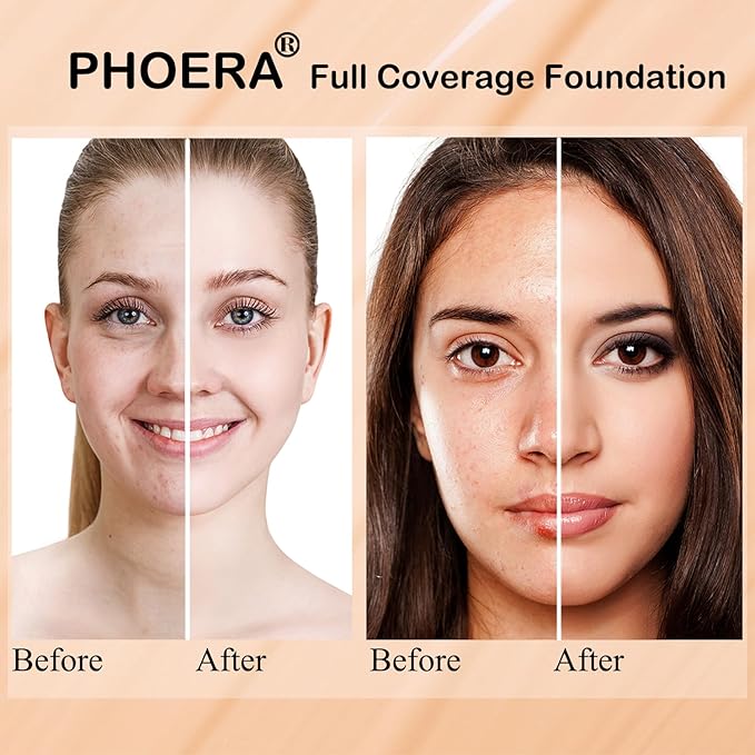 Hilareco PHOER Foundation, 2pcs- 101- Porcelain, Full Coverage Concealer, Matte Liquid Foundation, Oil-Control, Whitening, Refreshing Moisturizing, Cruelty-Free, Vegan, 30ml