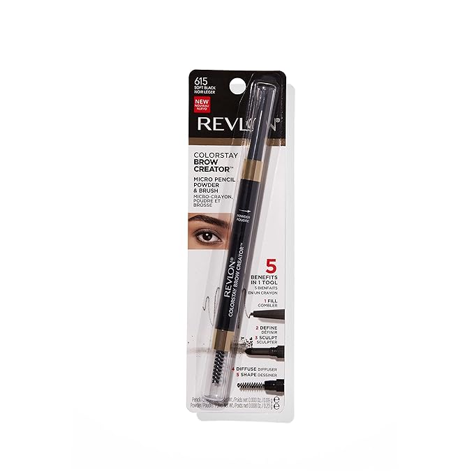 Revlon ColorStay Brow Creator, 2-in-1 Precise Eyebrow Pencil & Powder with Spoolie Brush, Waterproof & Long Lasting, 615 Soft Black, 0.003 oz