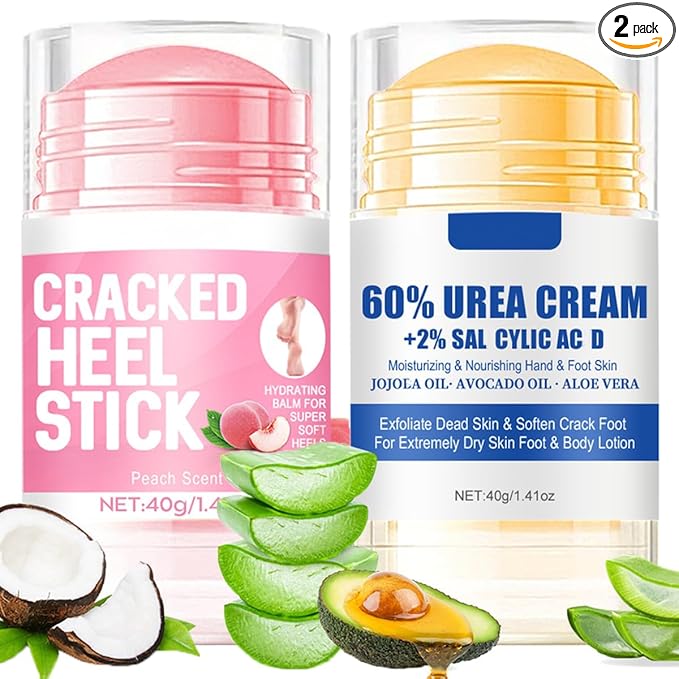 2Pcs Peach Scented and 60% Urea Foot Cream Set,Moisturizer Heel Stick Balm,Intensive Repair Dry Cracked Skin,Hands,Heels,Elbow and Knees,Softens & Nourish Foot Care for Women and Men