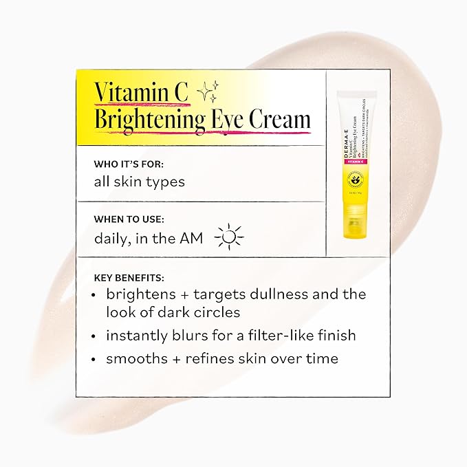 Derma E Vitamin C Brightening Eye Cream, 0.5 Fl Oz, Under Eye Cream with Niacinamide, Caffeine & Cucumber Extract, Helps Reduce Dark Circles & Puffiness, Cooling Tip Applicator, Filter-Like Finish