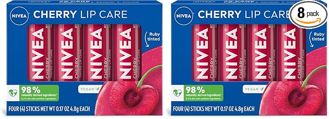 NIVEA Cherry Lip Care,Ruby Tinted Lip Balm Pack with Shea Butter,Nourishing Oils and Vitamin C & E,3-in-1 Moisture,Repair and Color,0.17 Oz Stick,(Pack of 8)