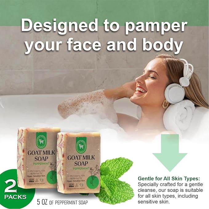 Honey Sweetie Acres 2-Pack Peppermint Goat Milk Soap - Handmade 5 oz Bar, Made with Natural Ingredients, Moisturizing & Gentle, Made in the USA