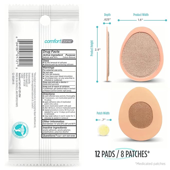Comfort Zone Medicated Callus Patches for Feet, Effective Treatment with Salicylic Acid, 8 Medicated Patches and 12 Protective Callus Pads for Feet, 20 Piece