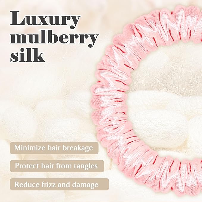 Scrunchies Hair Ties Silk Satin Scrunchy, WantGor Women 4PC Pure Mulberry Silk Skinny Elastic Scrunchies Hair Bands Bracelets Ponytail Holders Hair Accessories (Champagne,Pink,Black*2)
