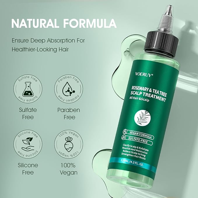 VOERUY Scalp Treatment, Rosemary Refreshing Scalp Treatment with Tea Tree, Clarifying Build Up & Purifying, Leave-In Scalp Detox for Dry Itchy Scalp,Vegan & Cruelty-Free,120ML