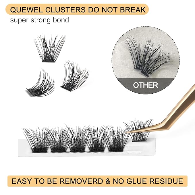 QUEWEL Lash Clusters 72 Pcs Wide Stem Individual Lashes C/D Curl 8-16mm Length DIY Lash Extension Soft False Eyelashes Wispy Cluster Lashes Easy to Create Natural Look At Home(Mega-D-10mm)