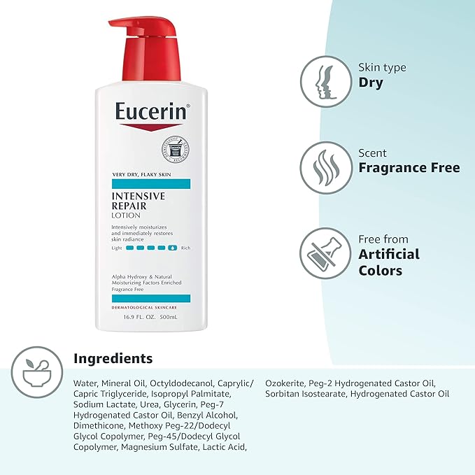 Eucerin Intensive Repair Body Lotion for Dry Skin with Alpha Hydroxy, Body Moisturizer for Very Dry Skin, Moisturizes, Exfoliates and Conditions, Fragrance Free and Paraben Free, 16.9 Fl Oz Bottle