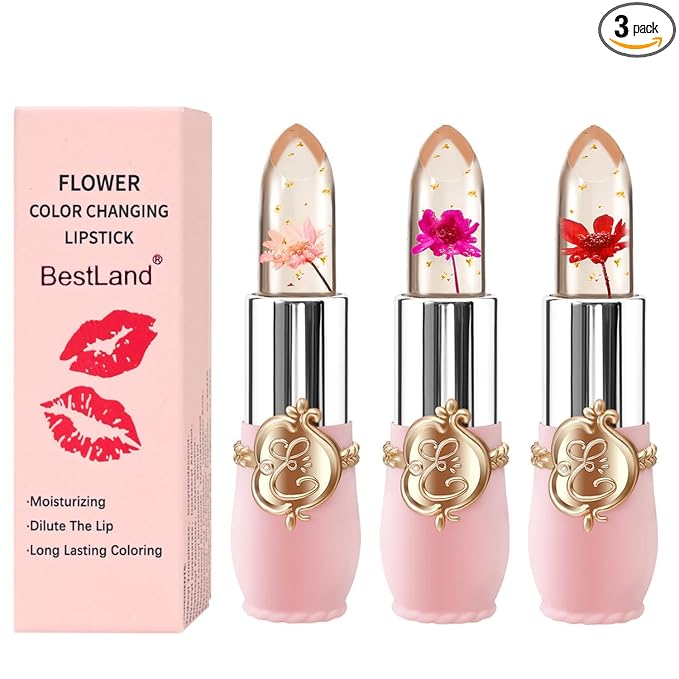 BestLand 3 Pcs/Set Flower Jelly Lipstick Set Temperature Change Moisturizer Long Lasting Nutritious Balm Magic Color Change Lip Gloss (3Pcs Flower Jelly Lipstick 010203)
