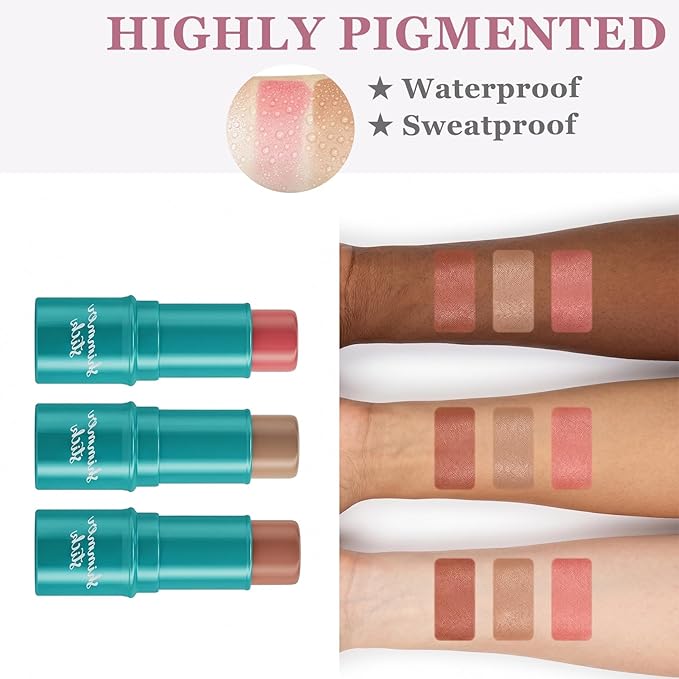 3Pcs Cream Contour Stick Makeup Kit with Makeup Brush,Shades with Highlighter,Brush Stick,Cream Bronzer for Sculpt the Cheeks,Long-lasting Waterproof Lightweight Contour Set B