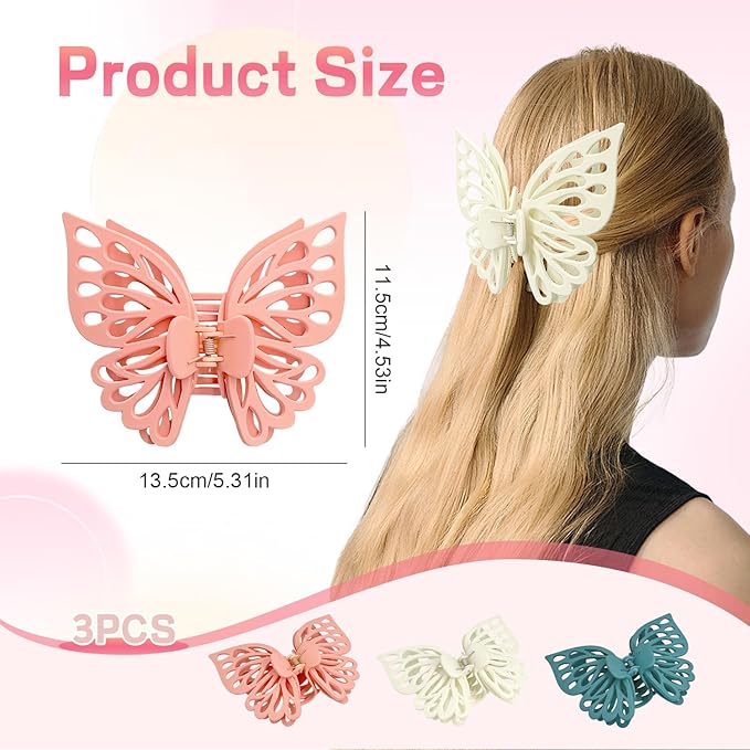 3 Pcs Large Matte Butterfly Hair Clips, Strong Hold Non-Slip Hollow Hair Clips Made to Manage Thick Hair, Multi-Color Barrettes for Women & Girls (Pink, White, Blue)