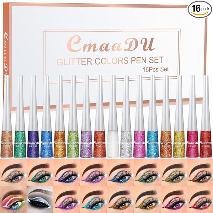 16 Colors Glitter Eyeliner Liquid Set, Metallic Glitter Liquid Eyeshadow, Waterproof Long Lasting White Silver Rose Gold Pink Colorful Rainbow Eyeliners Gifts Mother's Day for Women