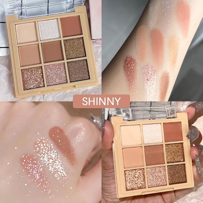 CAKAILA 9Colors Nude Champagne Gold Rose Brown Colorful Glitter Eyeshadow Palette Makeup,Korean Natural Neutral Rainbow Eyeshadow Palettes Naturing-Looking Long Lasting Waterproof Blendable