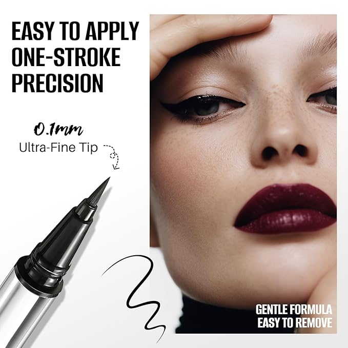 Liquid Eyeliner Waterproof – Intense Black, Ultra Fine Tip, Smudge & Smear Proof, Long Lasting, Easy to Apply for Winged Liner & Precise Lines, Beginner Friendly, 0.6ml