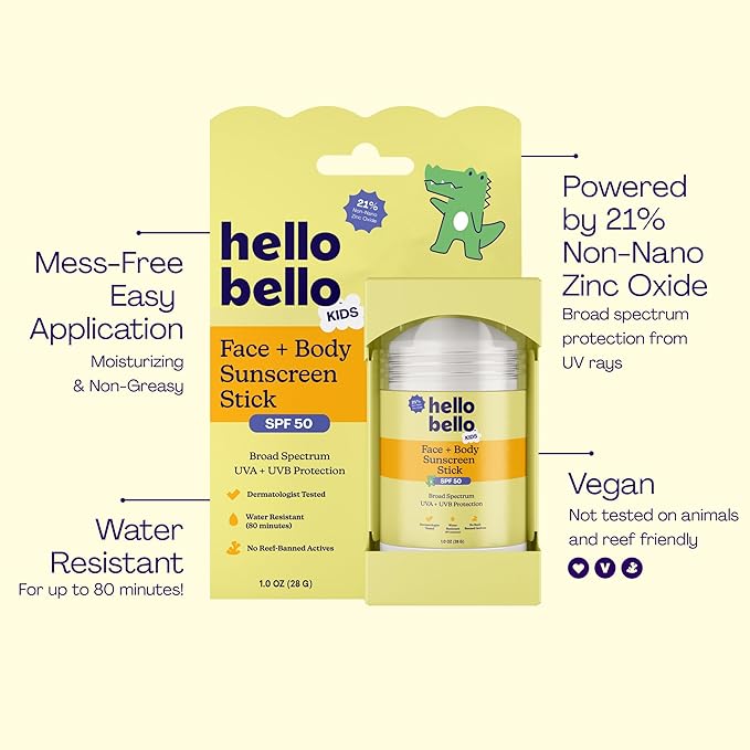Hello Bello Mineral SPF 50 Face & Body Sunscreen Stick, Water Resistant and Reef Friendly Roll On Sun Protection, 1oz