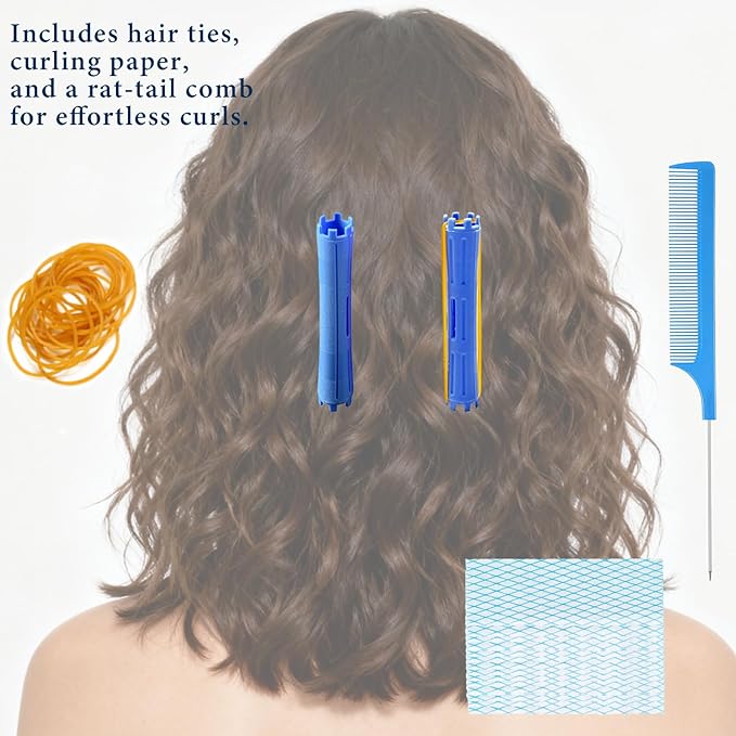 40pcs Perm Rods, Plastic Hair Rollers Heatless Hair Curlers Set with 1pc Rat Tail Comb, 48pcs Rubber Band and Curling Papers for Hairdressing Styling