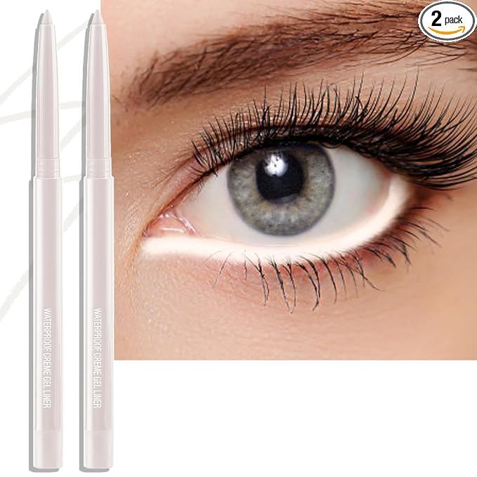 2 PCS White Eyeliner Pencil Set, Retractable Matte Gel Waterline Eye Liner Pen, Smudge-Proof Multi-Use Colorful Creamy Eye Brightener High Pigmented Long-Lasting Smooth Eyeliner for Older Women