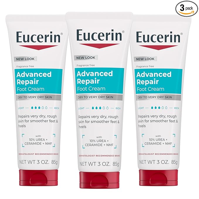 Eucerin Advanced Repair Foot Cream for Dry Feet and Heels, Repairs Very Dry, Rough Skin, Fragrance Free, Non Greasy, Fast Absorbing, Travel Size Lotion, 3 Oz Tube, Pack of 3