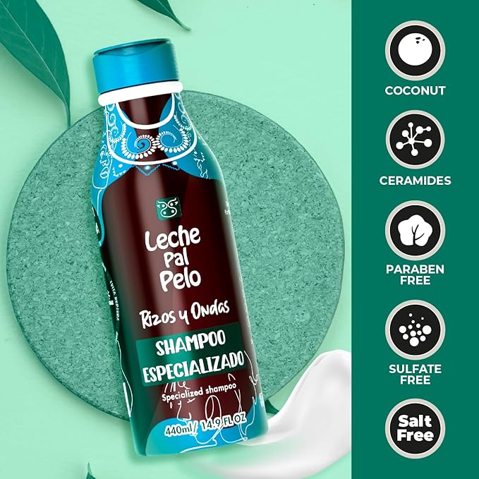 Leche Pal Pelo Curly and Wavy - Specialized Shampoo with Coconut Oil, Coconut Milk, Aloe Vera - Made without Sulfates and Parabens - 14.9 oz