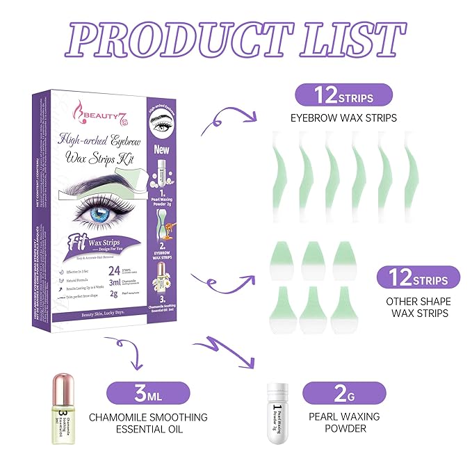 Beauty7 Eyebrow Wax Strips High-arched Eyebrow Wax Strips Kit Hair Removal at Home Waxing 24 Strips with Pearl Powder Essential Oil for Sensitive All Skin Types Women