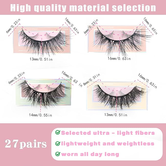 Mixed Style Faux Mink Lashes 27Pairs - 5D Fluffy Cat Eye False Eyelashes with D Curl, Soft Reusable Strip Lashes for Daily Makeup & Salon-Grade Extensions Effect
