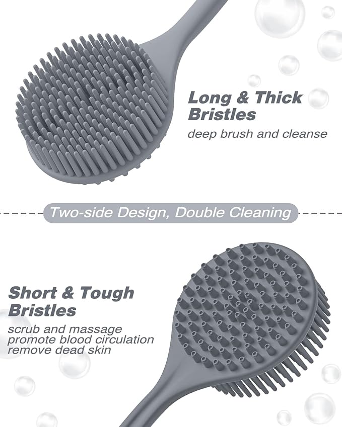 Manmihealth Extra-Large Shower Foot Scrubber Mat with Non-Slip Suction Cups, Silicone Body Scrubber with Long-Handle, Shower Bath Glove, Bath Sponge Net Combation (Gray)