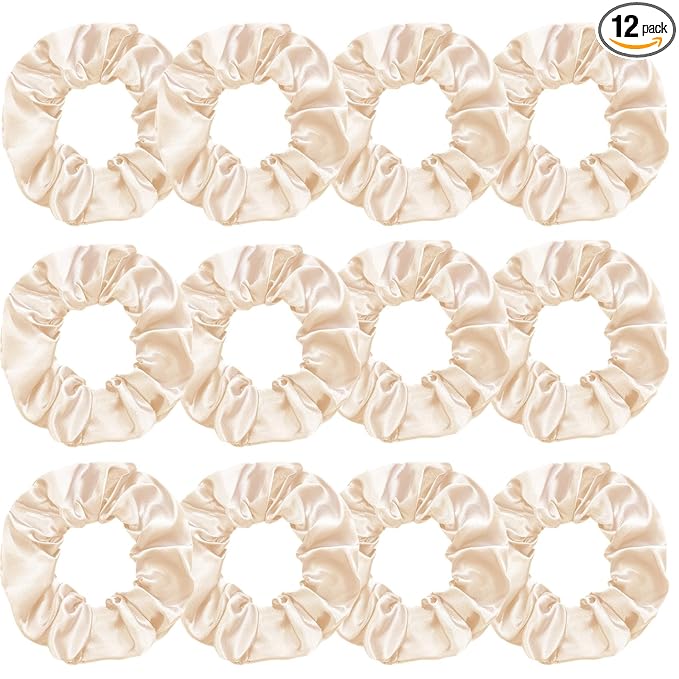 Silk Satin Scrunchies for Women Girls 12 PCS Ivory White Hair Scrunchies Silk Satin Hair Ties for Thick Hair Bulk Hair Ties Hair Accessories