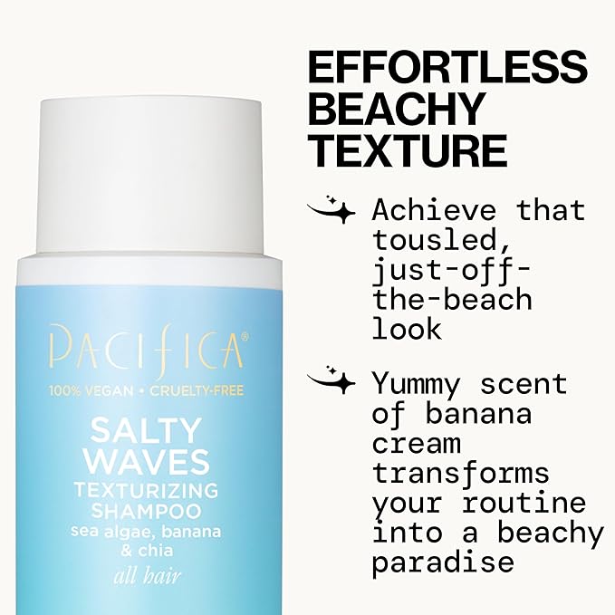 Pacifica Salty Waves Texturizing Shampoo - Beachy Textured, Messy Look, Hair Styles - Moisturizing Hair Care w/Vitamin B & E - Banana Scent Clean Beauty Vegan & Cruelty-Free Dermatologist Tested