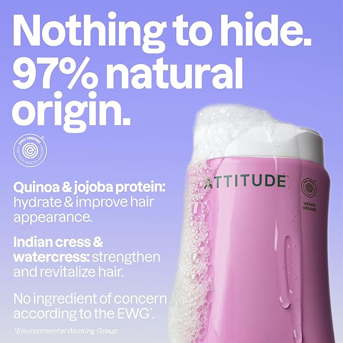 ATTITUDE Moisture Rich Hair Shampoo, EWG Verified, For Dry and Damaged Hair, Naturally Derived Ingredients, Vegan, Plant Based, Quinoa and Jojoba, 8 Fl Oz