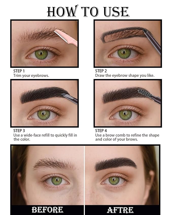 Waterproof Eyebrow Pencils for Women, 6Pcs Double-ended Black Eye Brow Pencil with Razor Kit, Triangular Tip Design Makes it Easier to Define and Fill in Brows for a Natural Look