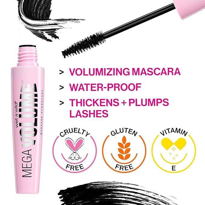 wet n wild Mascara Mega Volume - Volumizing, Waterproof, Smudge-Resistant, Cruelty-Free, Gluten-Free, Sulfate-Free & Vegan - Very Black
