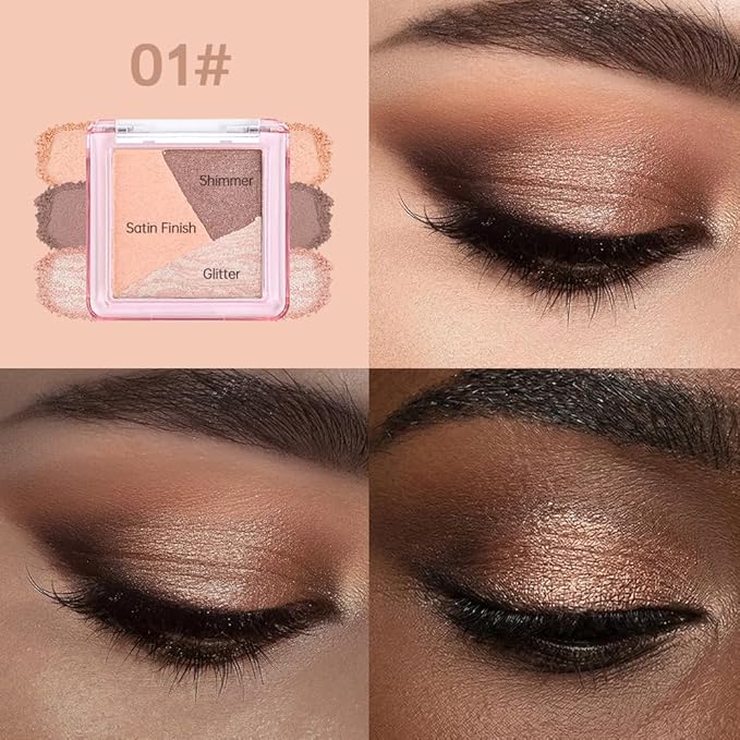 Neutral Pink Brown Shimmer Baked Eyeshadow Palette, 3 Color High Pigment Blendable Smooth Eye Shadow Makeup for Older Women, Travel Mini Palette Suitable for All Eye Shapes Vegan & Cruelty-Free 01#