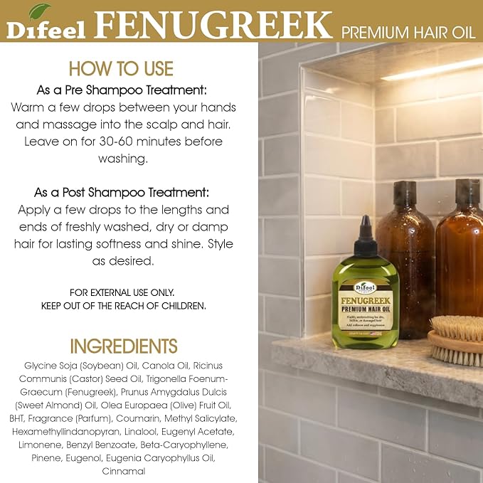 Difeel Fenugreek Premium Hair Oil 7.1 Ounce - Fenugreek Oil for Hair, Pre or Post Shampoo Treatment for All Hair Types
