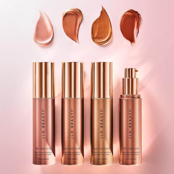 JLO BEAUTY Makeup Highlighter & Bronzer for Face & Body, Liquid Complexion Booster, Illuminating Primer Glow Drops with Vitamin E, Sheer Dewy Skin Tint, That Star Filter, Warm Bronze, 1 Fl Oz