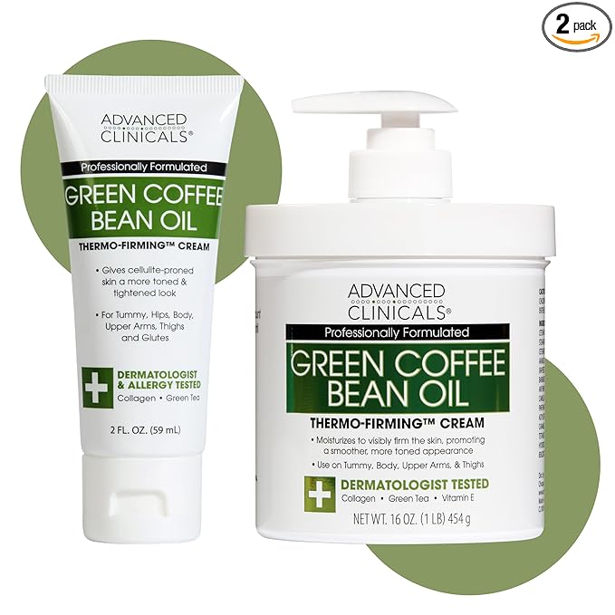 Advanced Clinicals Green Coffee Bean Oil Thermo - Firming Body Lotion | Caffeine Infused Collagen Cream Moisturizer & Body Cream For Women & To Improve Look Of Textured Crepey Skin, W/Travel Size