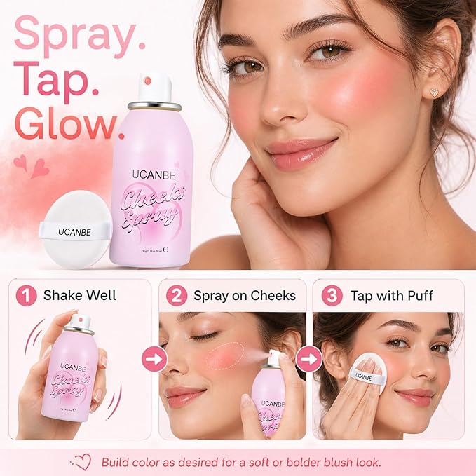 UCANBE Blush Spray with Puff, Hydrating Liquid Blush Mist for Cheeks - Soft Pigmented Buildable Blendable Breathable Blush, Healthy Dewy Glow Finish, Talc-Free, 02 Strawberry (1.16 oz)