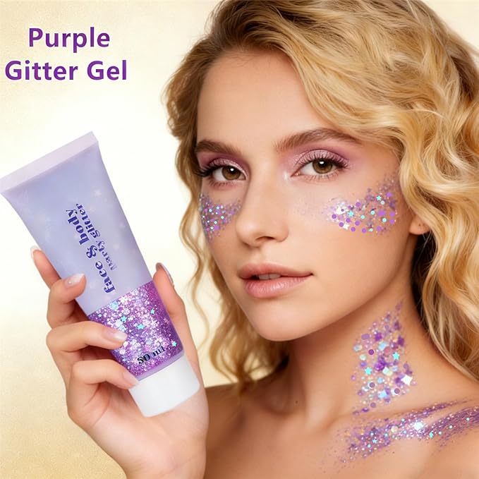 Go Ho Light Purple Face Body Glitter - Party Flash Festival Rave Outfits for Women&Kids,Holographic Glitter Face Paint,Halloween Mermaid Fairy Makeup Chunky Sequins Gel,Rave Pride Accessories