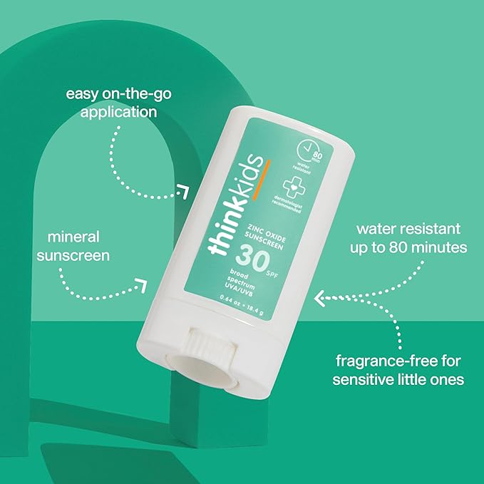 Thinkkids SPF 30 Mineral Sunscreen Stick, 0.64 Oz, Safe, Natural, Water Resistant Reef Safe Sunscreen for Children, Broad Spectrum UVA/UVB Sun Screen, Travel Stick for Sun Protection
