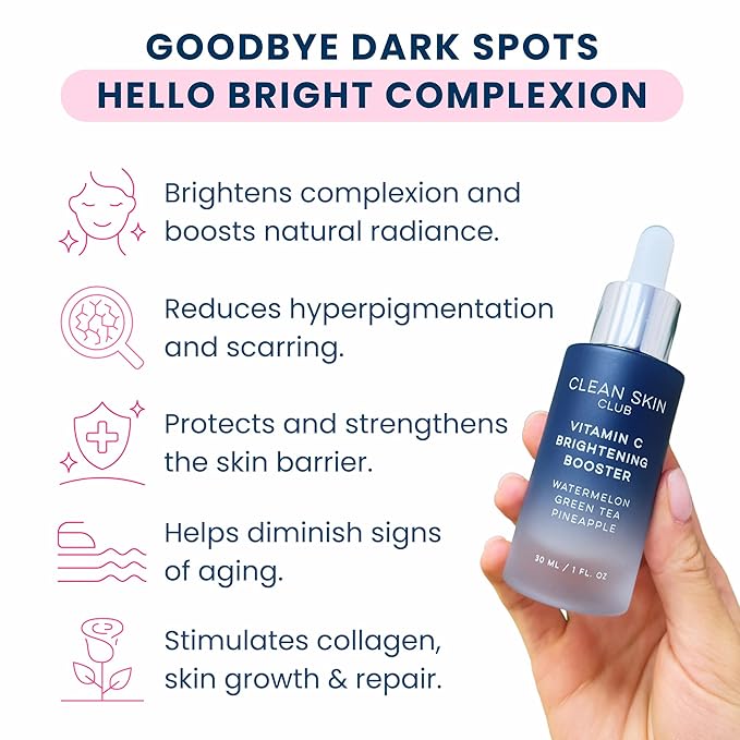 Clean Skin Club Vitamin C Serum & Brightening Booster, Vitamins A, E, D & K, Anti Aging Collagen Clear Facial Care, Glow, Scars, Sun Damage, Age